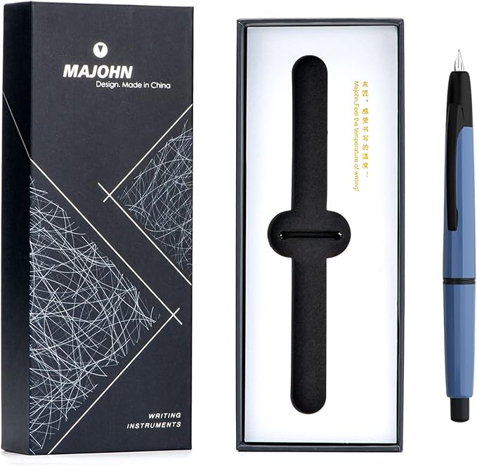 Majohn A2 Press Fountain Pen Extra Fine Nib with Box, Retractable Blue Resin Ink Pen with Converter Writing Set (Black Clip Version）