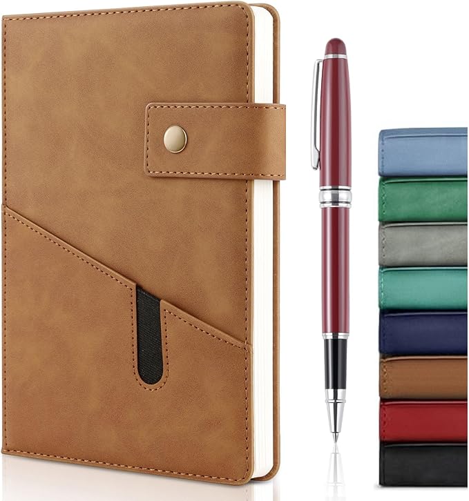 A5 Leather Journal Notebook with Pen, 200 Pages Hardcover Journal with Pocket, 100gsm Thick Lined Paper Daily Diary for Men and Women, Great Gift for Business School Travel Personal - Brown