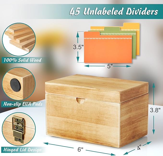 DRASTAR Wooden Index Card Organizer, 3x5 Index Card Box with 45 Dividers, Flashcard Notecard Holders for Home Office, Brown