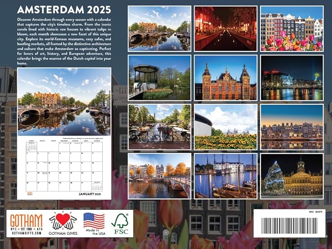 Amsterdam Netherlands Wall Calendar 2025 Monthly | American Made In The USA