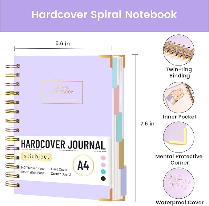 Hardcover Spiral Notebook with Tabs 5.5"x7.5" Small Spiral Lined Journals for Women with Dividers 220 Pages College Ruled Composition Notebook 5 Subject Notebook for Work School Gifts, Purple