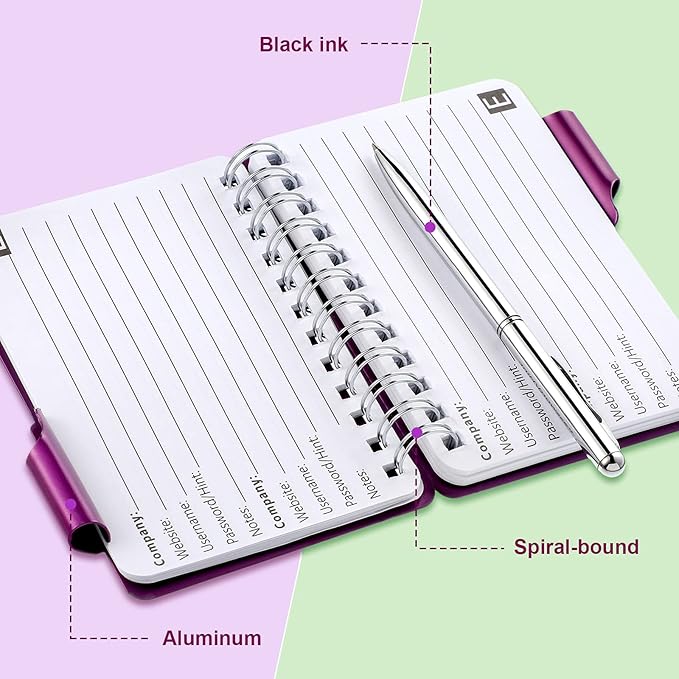 Zonon 2 Pcs Mini Password Book with Alphabetical Tabs Metal Password Keeper Book Portable Organizer Elegant Mandala Pattern Notebook with Pen, Spiral Bound for Information(Black, Purple)