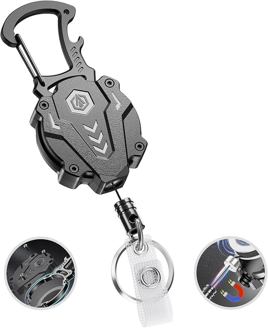 1Pack Heavy Duty Retractable Keychain, Tactical ID Badge Holder Reel Carabiner Clip with Magnetic Closure for Men, Unbreakable Sandwich Construction with 31" Dyneema Cord, Bearing 25oz