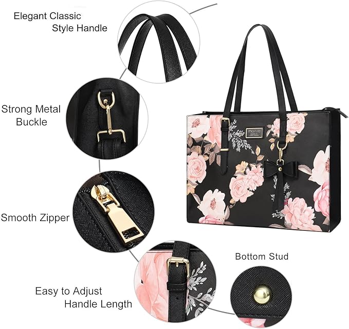 MOSISO Laptop Tote Bag Compatible with MacBook Air 15 inch M2 A2941/Pro 16 inch M3 M2 M1, 15-15.6 inch Notebook, Peony PU Leather Travel Work Briefcase with Detachable Bowknot & Small Purse, Black