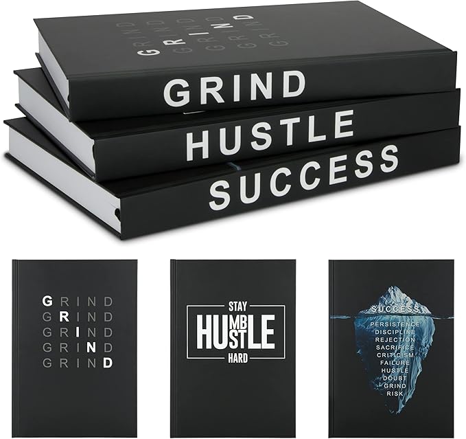 Hardcover Grind Hustle Success Book Decor for Men & Women, Decorative books for Home Decor, Office Decor for Men and Desk Decor for Men, Motivational gift with Black Cover and Blank Pages