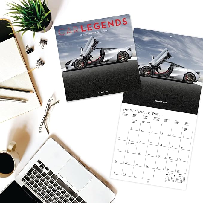 Graphique 2024 Car Legends Wall Calendar | 12” x 12” | Thick Paper | Home & Office Organizer | Large Monthly Grid | 3 Languages & Marked Holidays | 4 Month Preview Page for 2025