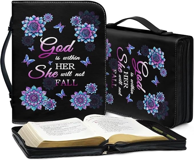 Lotusorchid Mandala Flower Butterfly Bible Covers for Women, God is within Her, She Will Not Fall, Cross Printed Bible Case Large Size Bible Bag with Pockets Bible Carrying Church Bag Bible Case