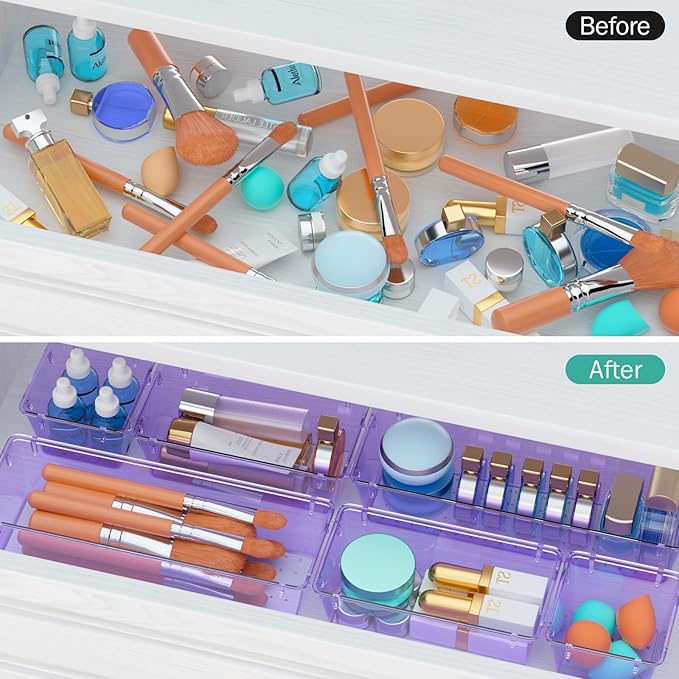 WOWBOX 12 Pack Clear Drawer Organizer Set, Acrylic Drawer Storage Trays, Storage Bins for Makeup, Cosmetics, Jewelries, Utensils, Gadgets, Office, Purple