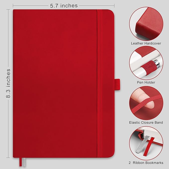 RETTACY Journaling Notebooks, A5 Lined Journal Notebook with 192 Numbered Pages, 5.7'' × 8.3'' Medium Size, for Writing, Work, Office, Leather Hardcover, 100 GSM Thick Paper (Red)