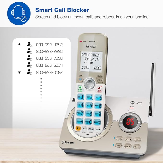 AT&T DL72219 DECT 6.0 2-Handset Cordless Phone for Home with Connect to Cell, Call Blocking, 1.8" Backlit Screen, Big Buttons, intercom, and Unsurpassed Range