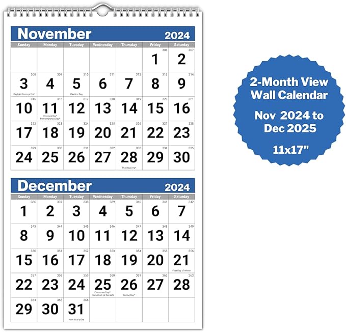 Dunwell 2-Month View Wall Calendar 2025, 11x17" Open, Use to Dec 2025, 2 Month Display, Vertical Two Months Wall Calendar for Office, Ships Folded