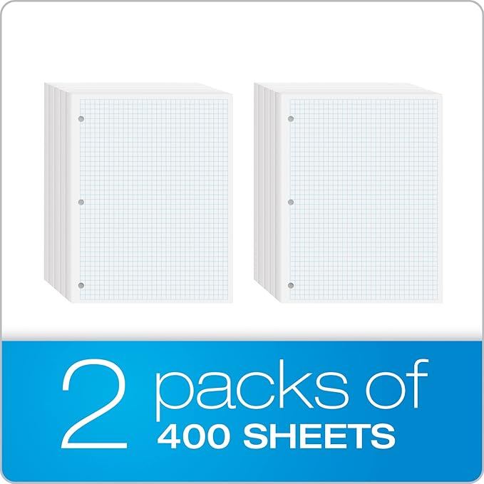 Oxford Loose Leaf Paper, Filler Paper Notebook Paper, 8-1/2" x 11", Graph Rule (4x4), 3-Hole Punched, 800 Sheets for 3 Ring Binders, 2 Packs of 400, White (62333)