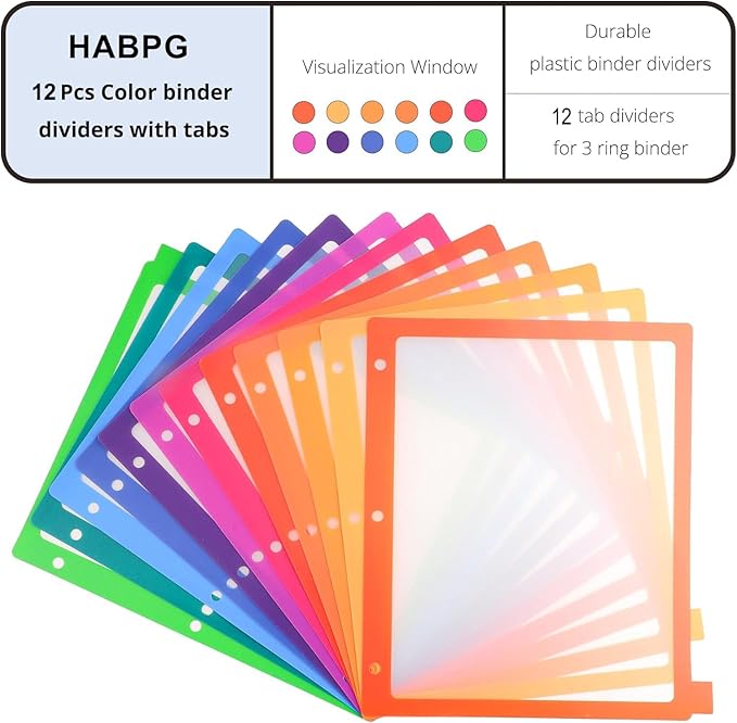HABGP 3 Ring Binder Dividers, 12-Tab Plastic Clear Binder Dividers, Multicolor Monthly Dividers, Letter Size File Organizer 3 Hole Punch, 1 Set 12 Pcs Write On Tabs for Notebook