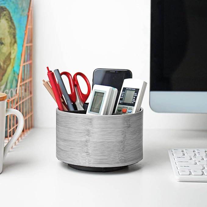 Hennaja Round Leather Art Supply Organizer,Remote Control Holder,360 Degree Spinning,Multi-Functional Pencil Holder,4 Compartments Desktop Stationary Organizer(1-Light Grey2)