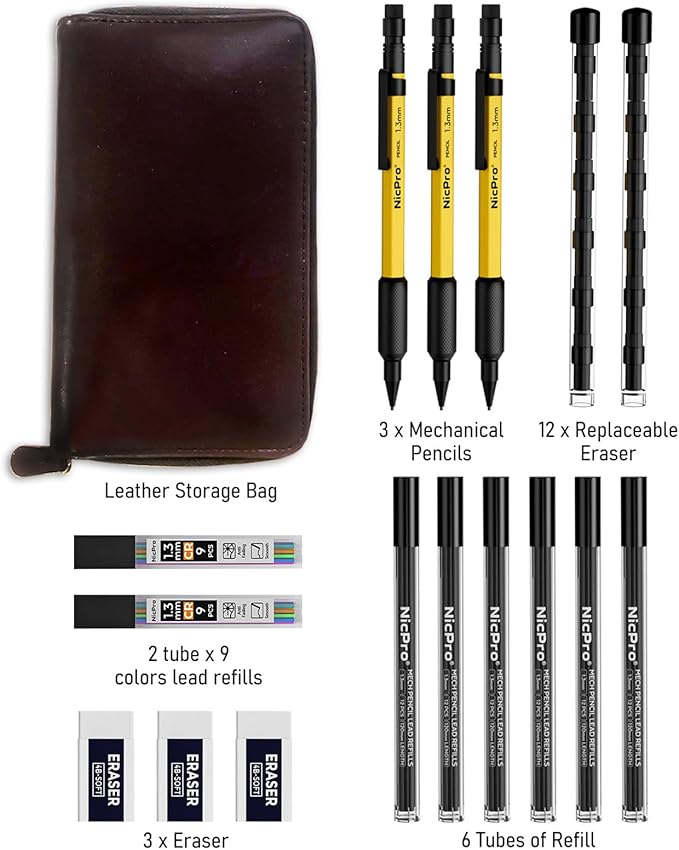 Nicpro 17PCS 1.3 mm Mechanical Pencil Set in Leather Bag with 90 Lead Refill,3 Eraser,12 Eraser Refills- Weatherproof Metal Barrel,Heavy Duty Carpenter Pencil for Outdoor Marking Drawing Woodworking
