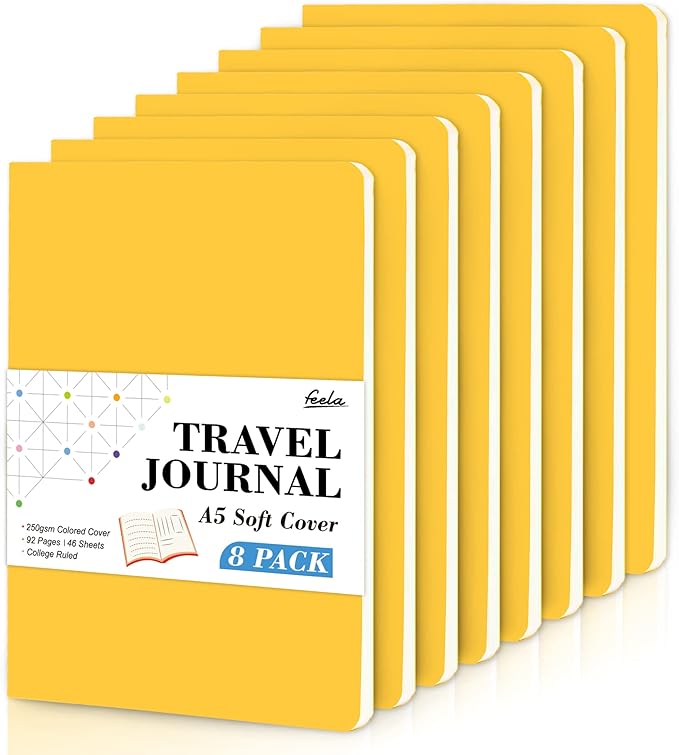 feela 8 Pack Soft Cover Journal Bulk, Notebooks College Ruled for Work, Lined Travel Journal for Women Men, Note Taking Notebook School Supplies Business Writing, 8.2” x 5.5”, A5, Yellow