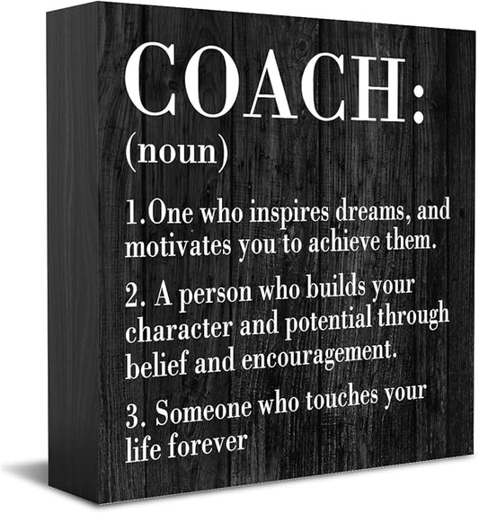 Inspirational Coach Noun Coach Gifts Desk Decor Wooden Box Sign Rustic Black Wood Block Plaque Box Sign for Coach Mentor Trainer Tutor Home Office Desk Shelf Table Decoration Coach Definition