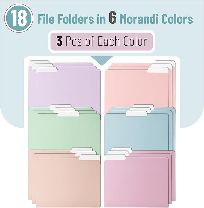 Mr. Pen File Folders, 18 Pack, Morandi Colors, 1/3-Cut Tab, Letter Size, Durable Paper Folders, Office Supplies