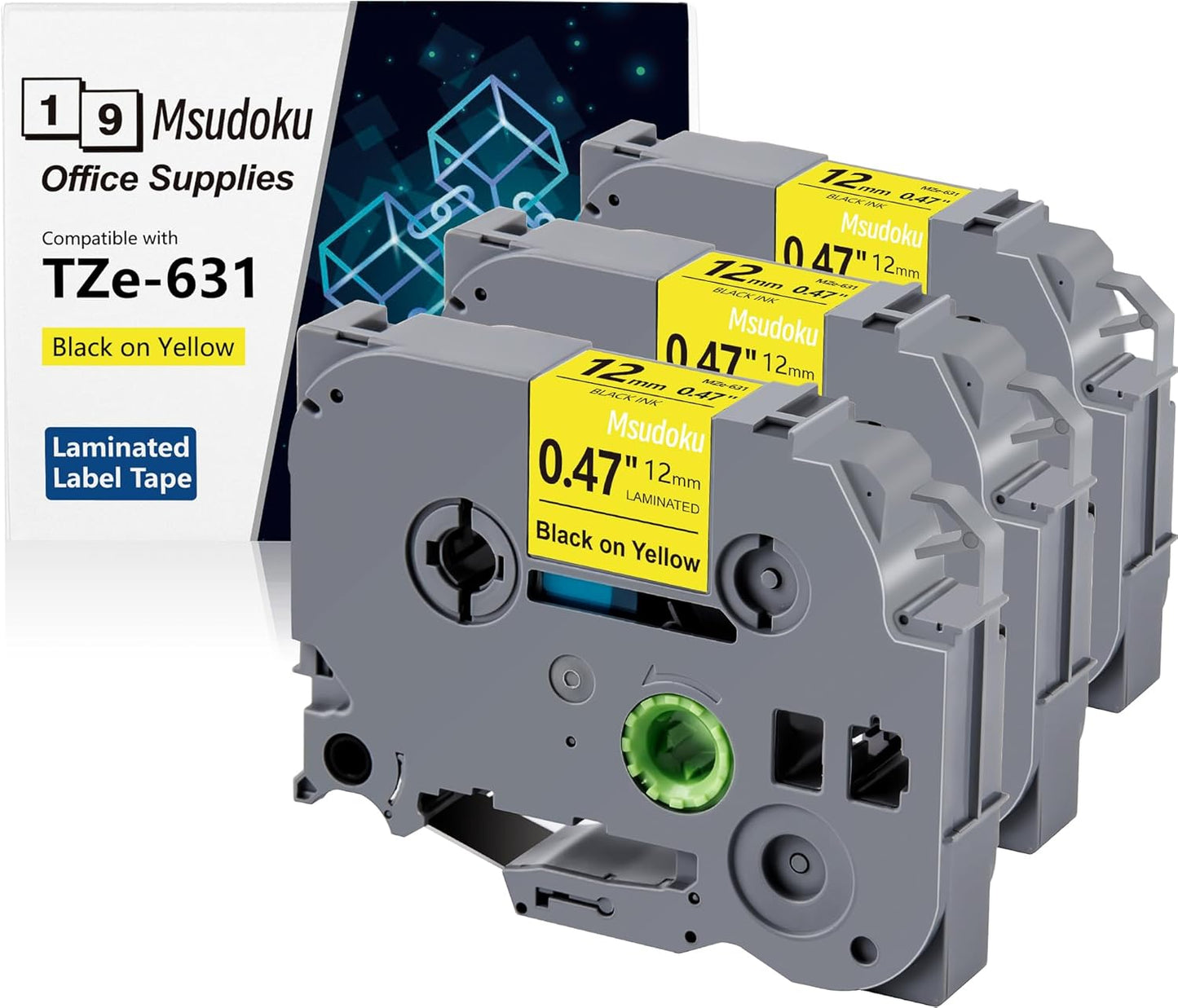 Tze Tz Tape 12mm 0.47 Laminated Yellow Compatible for Brother P Touch Label Maker Tape TZe-631 TZe631 Label Tape for PT D200 D210 D220 D400 Cube, Black on Yellow, 1/2 Inch x 26.2 Feet, 3-Pack