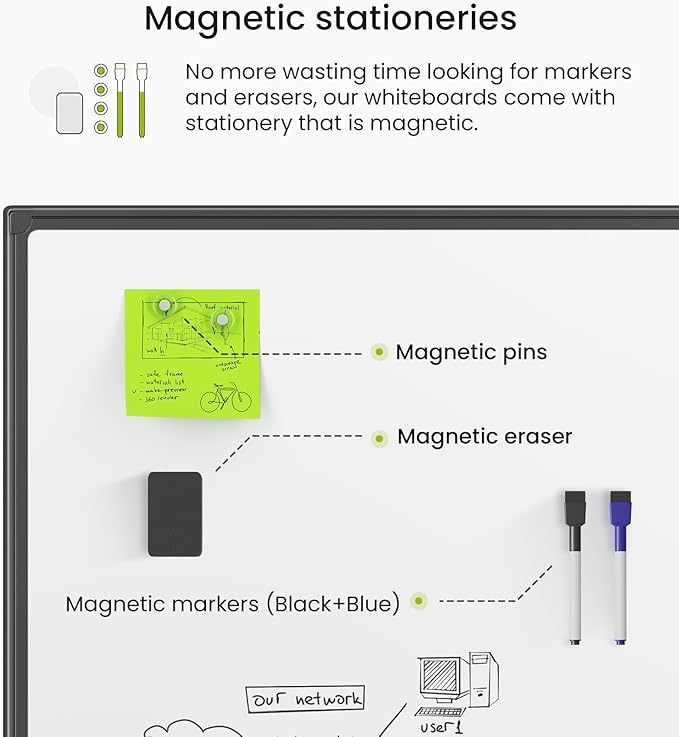 VUSIGN Magnetic White Board Dry Erase 24" x 18" with 1 Dry-Erase Eraser, 2 Multicolor Marker, 4 Magnetic Pins, Black Reinforced Aluminum Frame for Office, Home, School