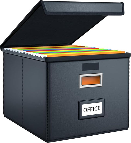 Huolewa Upgraded File Organizer Box with Lid, Collapsible Faux Leather Hanging File Folder Box Organizer with Plastic Slides, Decorative Home/Office Filing System Box for File and Folders Storage