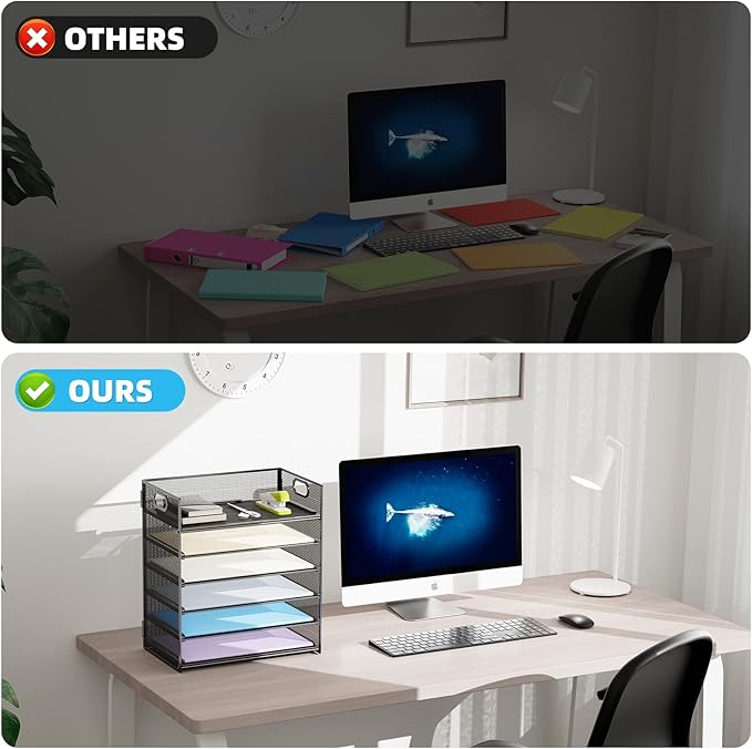 Marbrasse 2 Pack Desk Organizer with Handle, 6 Tier Paper Letter Tray, Mesh File Organizer for Office, School and Home
