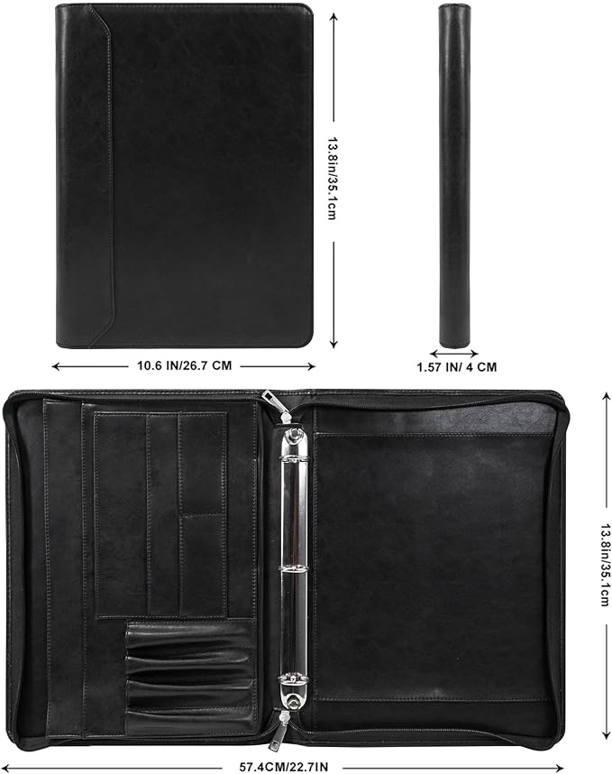 AZXCG Padfolio for Men, 3 Ring Binder Portfolio Folder Vegans Leather, Personalized Padfolio with A4 Notepad Holder, Business Legal Pad Document Organizer, Handmade Zipper Binder Padfolio, Black