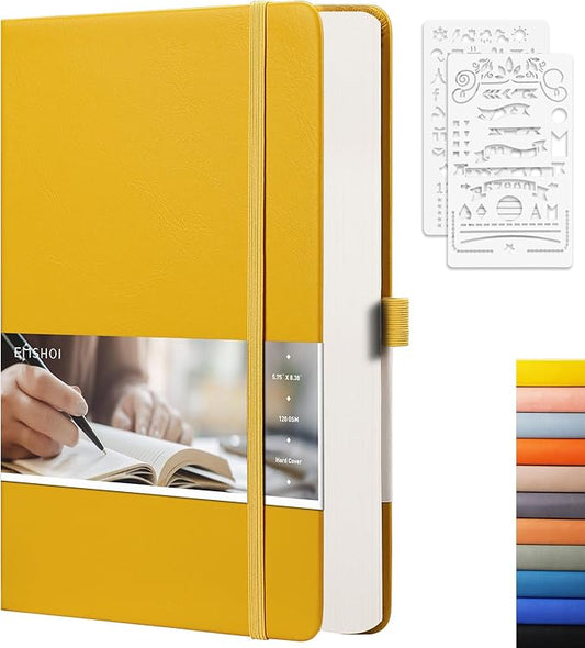 EMSHOI Dotted Journal Bullet Notebook, 256 Pages 120gsm Thick Dot Grid Notebook, A5 Hardcover Leather Journal with Stencils, 16 Perforated Pages, Pen Loop, Inner Pocket, 5.75"x8.38"-Yellow
