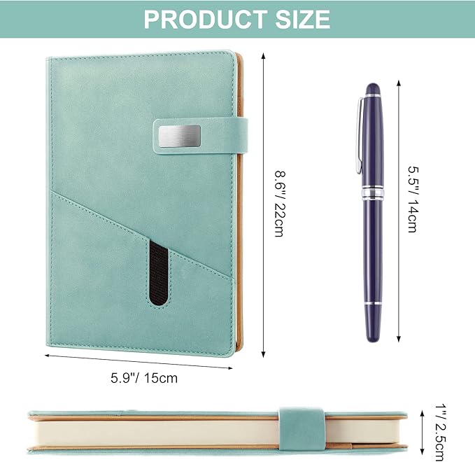 A5 Lined Leather Journal with Pen, 240 Pages Refillable Hardcover Notebook with Pocket and Magnetic Buckle, 80gsm Thick Daily Diary for Men and Women, Great Gift for Business School Travel Personal - Light Green