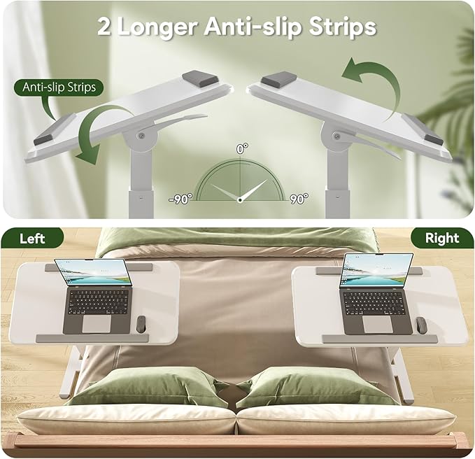 Rolling Laptop Desk, 180° Tiltable Mobile Standing Desk Height Adjustable, Overbed Bedside Table, Portable Computer Desk with Wheels, Foldable Laptop Cart for Home Office, White