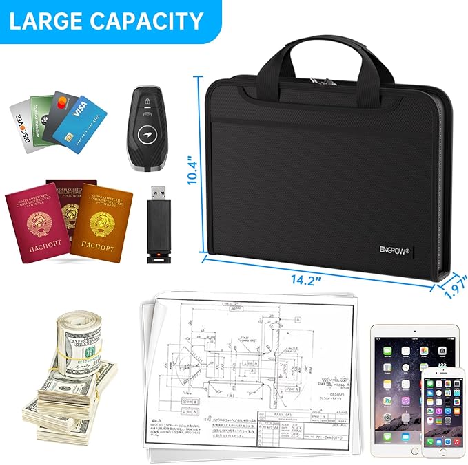 ENGPOW Accordion File Organizer,Fireproof Expanding File Folder with Multi Pockets,13 Pockets Document Organizer with Handle & Labels,Portable Home Travel Safe Storage for Letter A4 Files and More