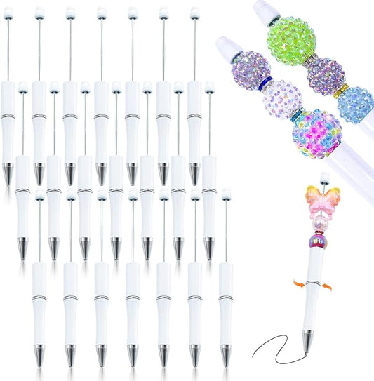 15 Pieces Beadable Pens - Beaded Pens Plastic Diy Black Ink Ballpoint Pens Bulk - Bead Pens Suitable For Teacher, Students, Office, School, Graduation Gift Supplies（White）