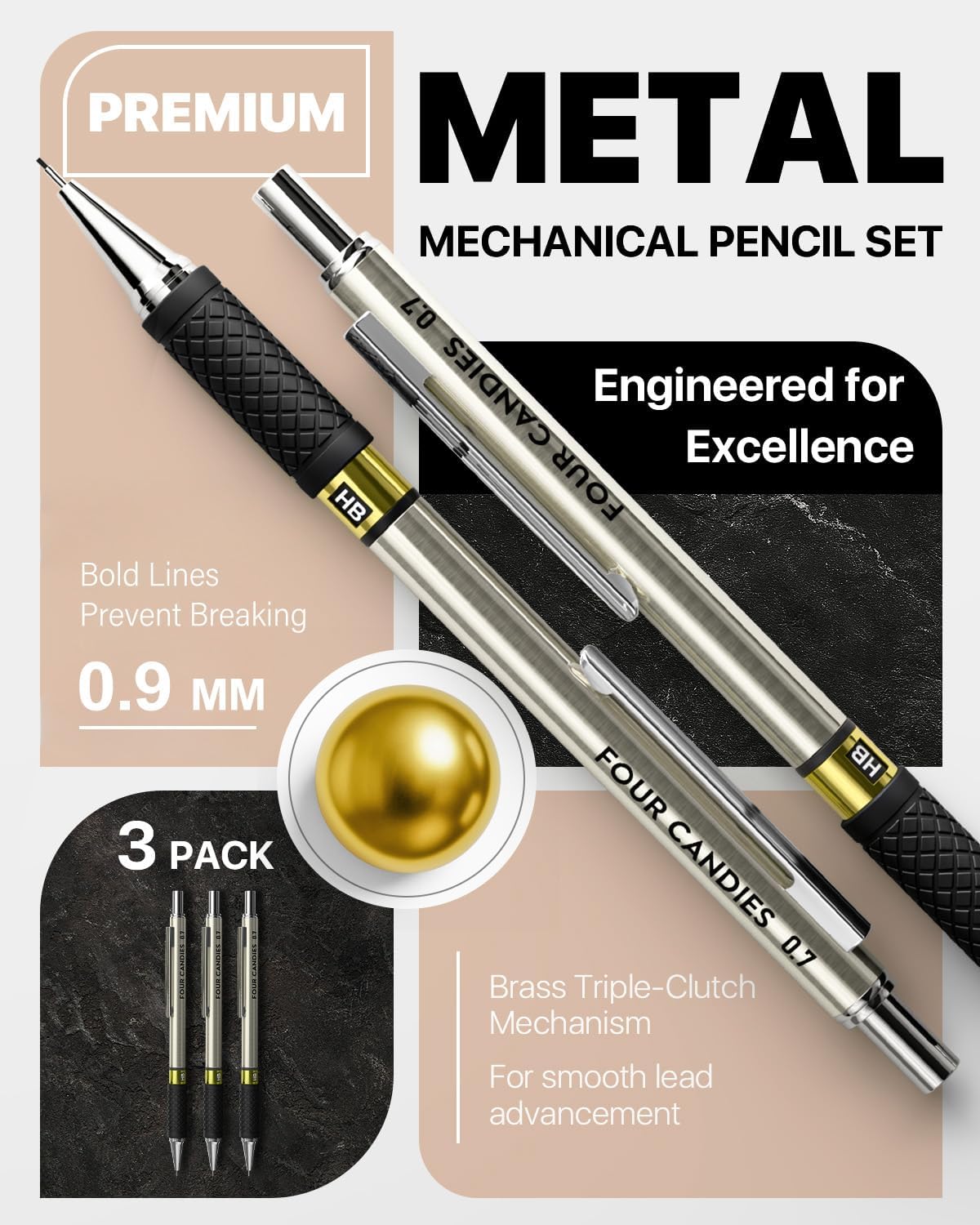 Four Candies Metal Mechanical Pencil Set - 3PCS 0.9mm Art Mechanical Pencils & 360PCS HB Lead Refills & 3PCS Erasers & 9PCS Eraser Refills, Drawing Mechanical Pencils for Writing, Sketching/With Case
