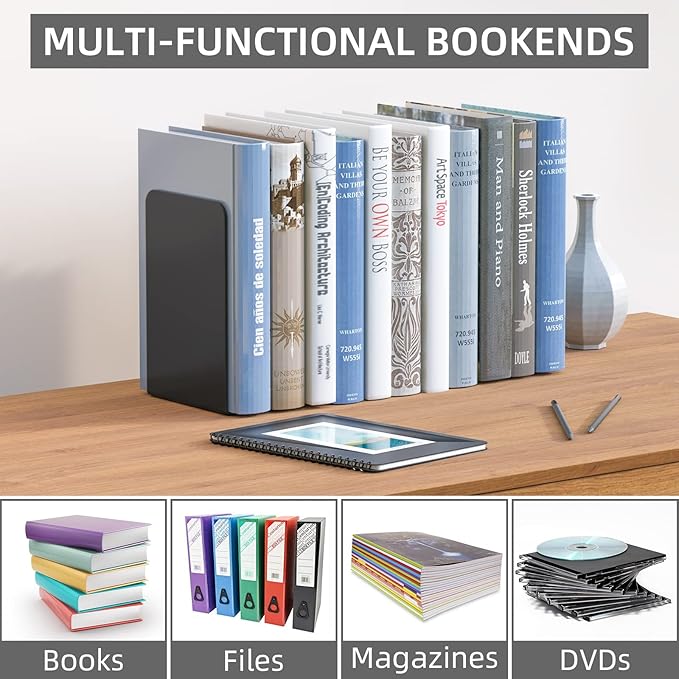 VFINE Bookends 4 Pairs, Black Metal Book Ends, Bookends for Shelves, Book Stopper for Heavy Books, Book Dividers for Home Office School Supplies