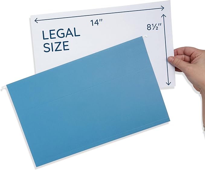 25 Blue Summit Supplies Legal Size Hanging File Folders - Durable 11pt Paper, Blue Hanging Folders with Tabs and Inserts, Fits Legal Size Filing Cabinets, 25 Pack