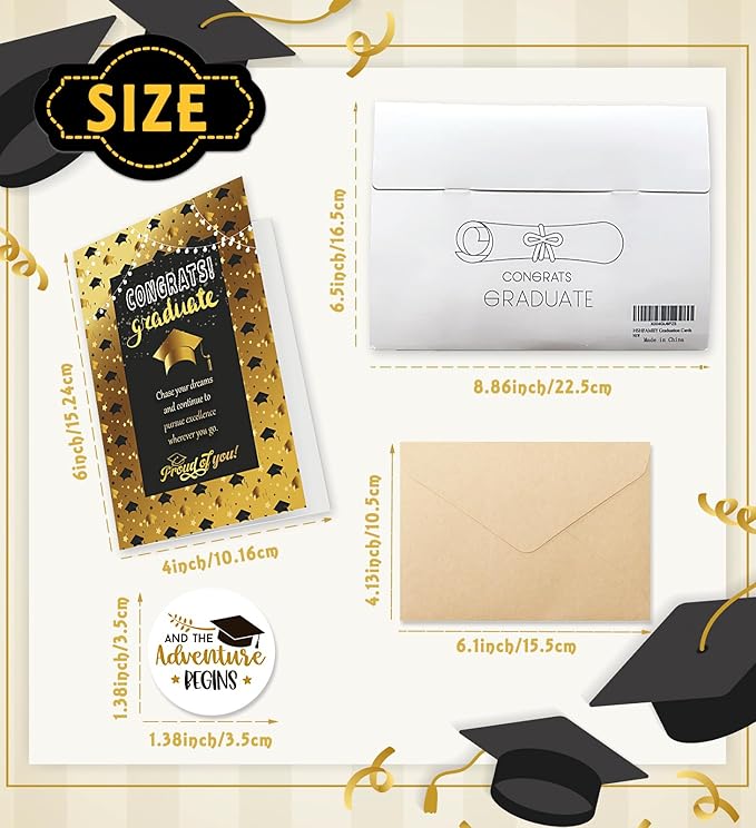 Graduation Cards, Graduation Gifts for Her Him, Black and Gold, Congratulations Grad with Envelope Sticker - Blank Inside