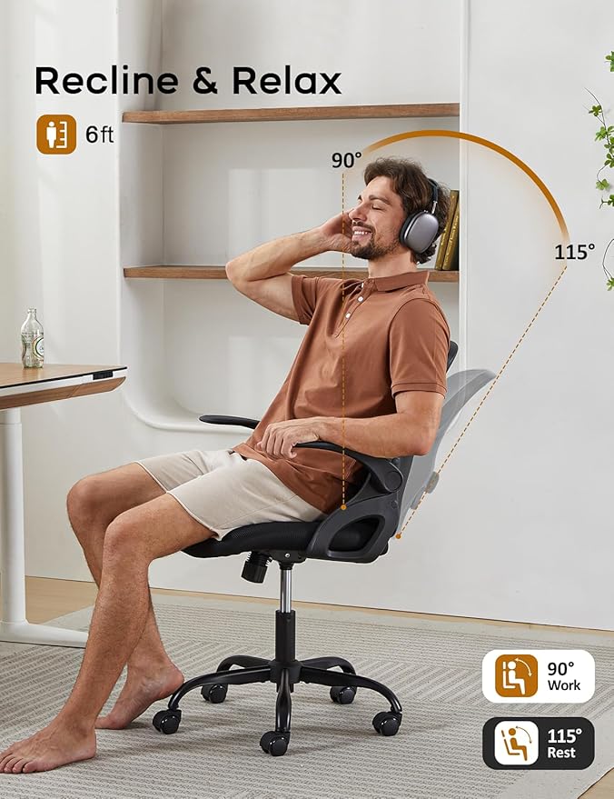 Mesh Office Chair Ergonomic Desk Chair with Up&Down Front&Rear 2 Dimensions Adjustable Lumbar Support and Flip-up Arm Rocking Comfy Swivel Computer Task Chair for Home Office(Black-Black)