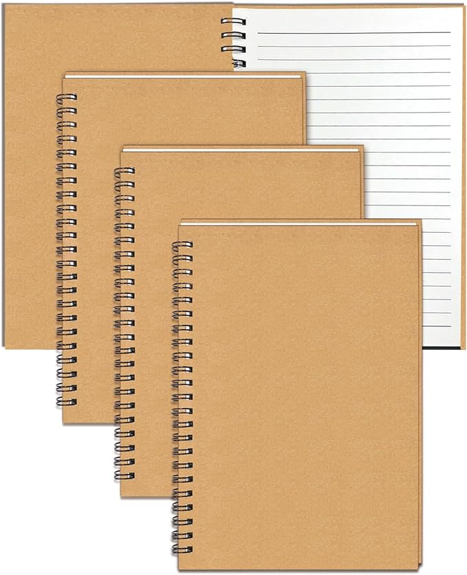 GINMLYDA 4Pack Small Spiral Notebook A5, 8.25x5.5” 120 Lined Pages Wide Ruled Spiral Journal Bulk Blank Kraft Cover Spiral Bound Notebook & Writing Pads for Home Office Meeting Work Note Taking