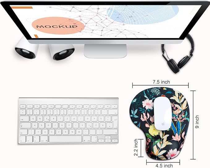 JIKIOU Mouse Pad, 2 Pack Ergonomic Mouse Pads with Comfortable Gel Wrist Rest Support and Lycra Cloth, Non-Slip PU Base for Easy Typing Pain Relief Durable and Easy to Clean Small Black Flowers