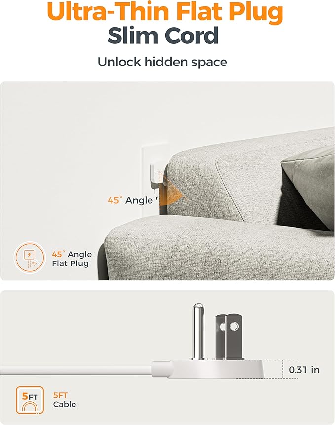 TESSAN White Extension Cord, Surge Protector Small Power Strip with 3 USB Ports (1 USB C), 900J Protection, 5 FT Flat Plug Power Strip, Mini Charging Station Suitable for Home Office Dorm