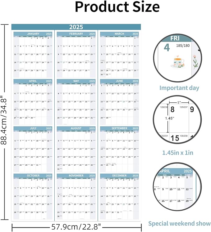 2025 Wall Calendar 34.8" x 22.8" Large Vertical Yearly Wall Hanging Calenda with Julian Date Thick Paper Calendar 12 Month Annual Wall Planner for Wall Office Fridge(Light Blue)