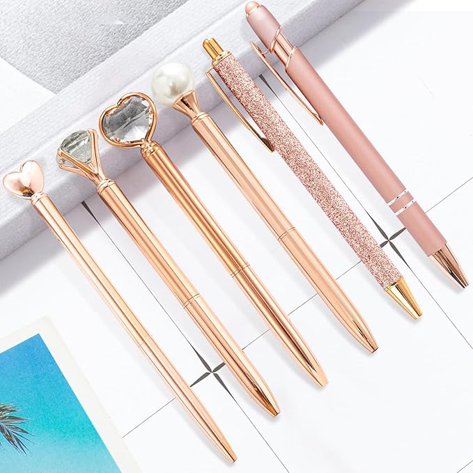 Cute Pens for Women, 6 Pcs Rose Gold Pens Metal Ballpoint Pens Bulk, 1.0mm Medium Point Black Ink Pens, Office and School Supplies Cool Fun Pens Gifts for Women Teacher Nurse (Rose Gold)