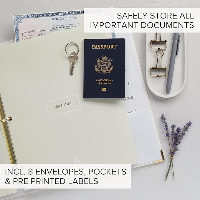 Aesthetic Document Organizer - Sturdy Linen 3-Ring Binder Safely Stores All Your Important Documents and Files in One Place - Easy to Use Expanding Storage Folder Incl. Envelopes, Pockets & Labels