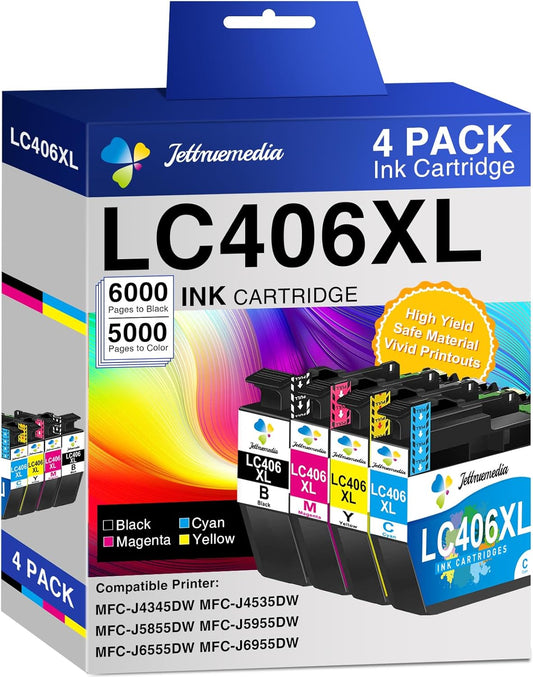 LC406XL Ink Cartridges Compatible with Brother LC406XL LC 406 XL High Yield Work with Brother MFC-J4335DW MFC-J4535DW MFC-J5855DW MFC-J6955DW MFC-J6555DW Printer (4 Pack, Black, Cyan, Magenta, Yellow)