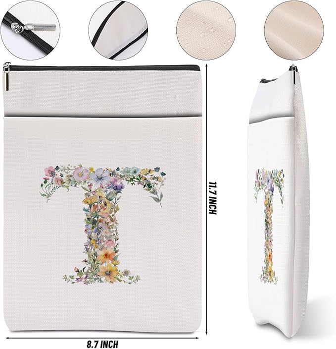 Monogrammed Book Sleeve Floral T Initial Book Pouch Book Accessories Book Lovers Gifts Waterproof Book Cover Book Protector Bookish Gifts Personalized Gifts for Women Girls Readers Bride Teacher