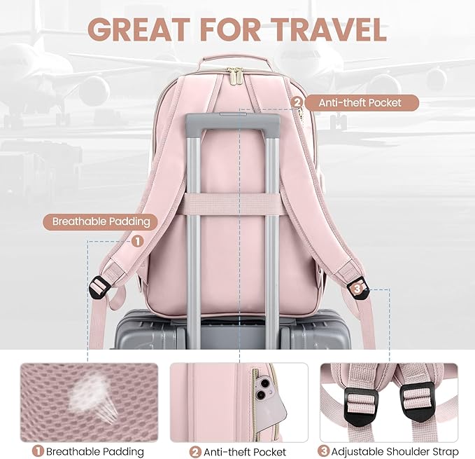 LOVEVOOK Leather Backpack for Women,15.6 inch Leather Laptop Backpack Women Computer Backpack Laptop Bag,Stylish Quilted Travel Backpack Purse Work Bag College Teacher Backpack with USB Port,Rose Pink