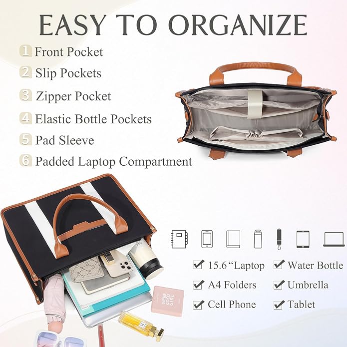 RAVUO Laptop Tote Bag Women, Water Resistant 15.6 Inch Large Canvas Handbag Business Briefcase With Detachable Shoulder Strap