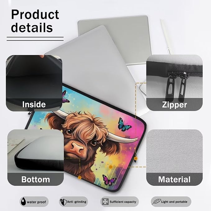 Highland Cattle Laptop Protective Sleeve for Women Men 13 inch Durable Computer Sleeve Neoprene Lap Top Case Portable Computer Carrying Case Suitable for Travel Office Pouch Butterfly