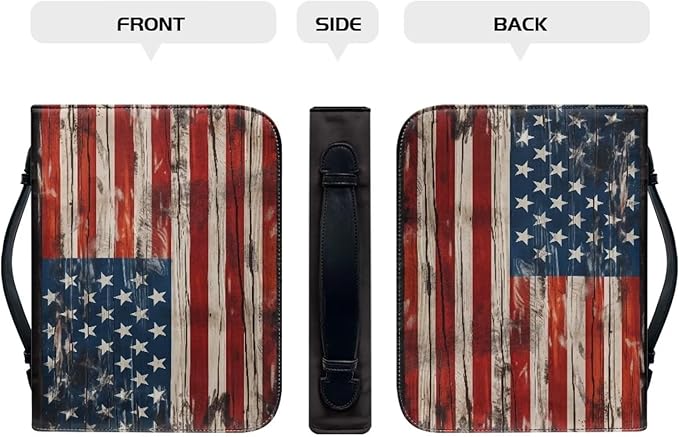 Lotusorchid American Flag Print Bible Case for Men, Zippered PU Bible Book Cover with Handle Pocket Portable Bible Cover Case Bible Cover Carrier Carrying Organizer Bag for Women, XL