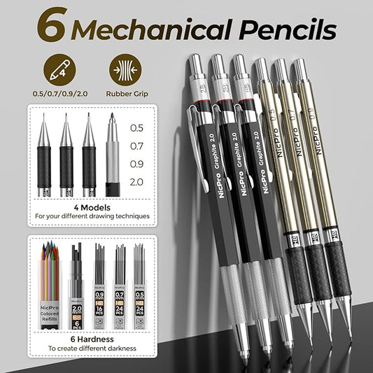 Nicpro 58 PCS Art Drawing Supplies Kit in Leather Case, Art Mechanical Pencil Set with 6 Metal Drafting Pencil 0.5 & 0.7 & 0.9 & 2mm, 12 Micron Pen, Sketch Book, 30 Tube Lead Refills for Sketching
